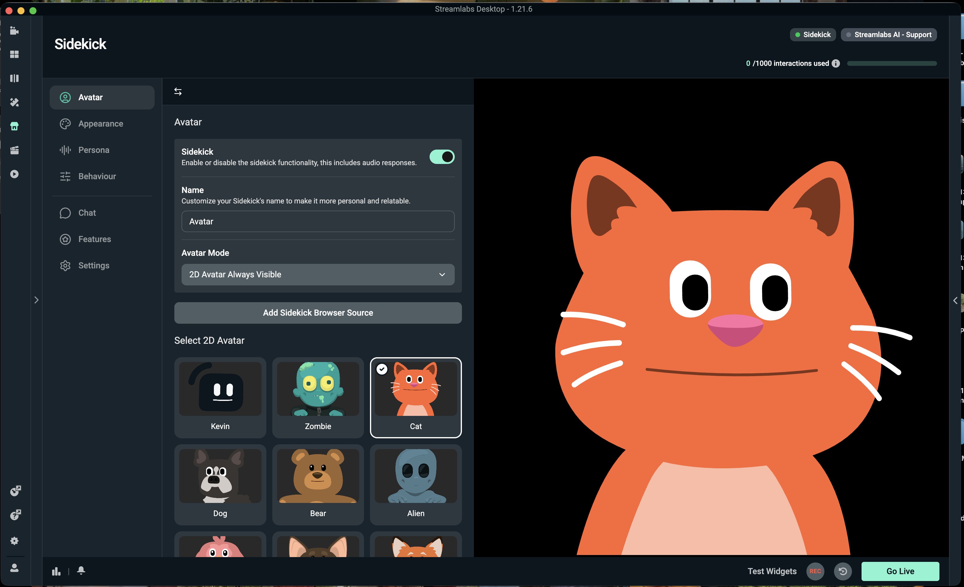 Image of Cat 2D avatar option in the Sidekick App